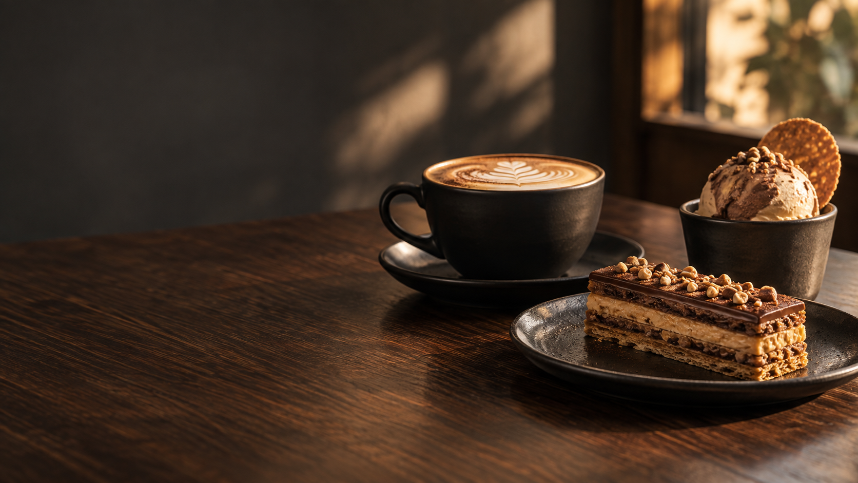 Café, pastelería y helado artesanal sobre una mesa de madera